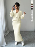 LEA™ - Solid Button Front Sweater & Long Skirt Knit Set